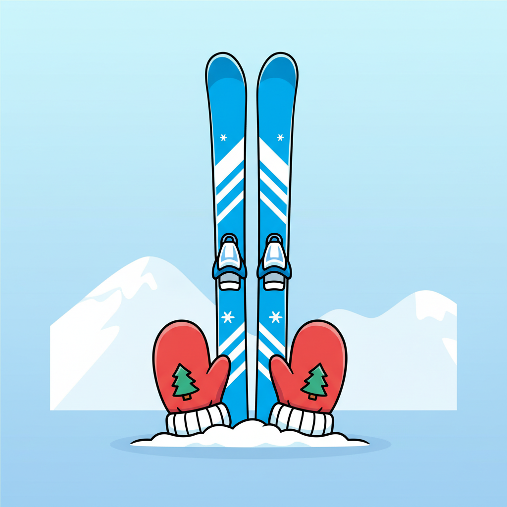cartoon illustration of a pair of skis and warm mittens
