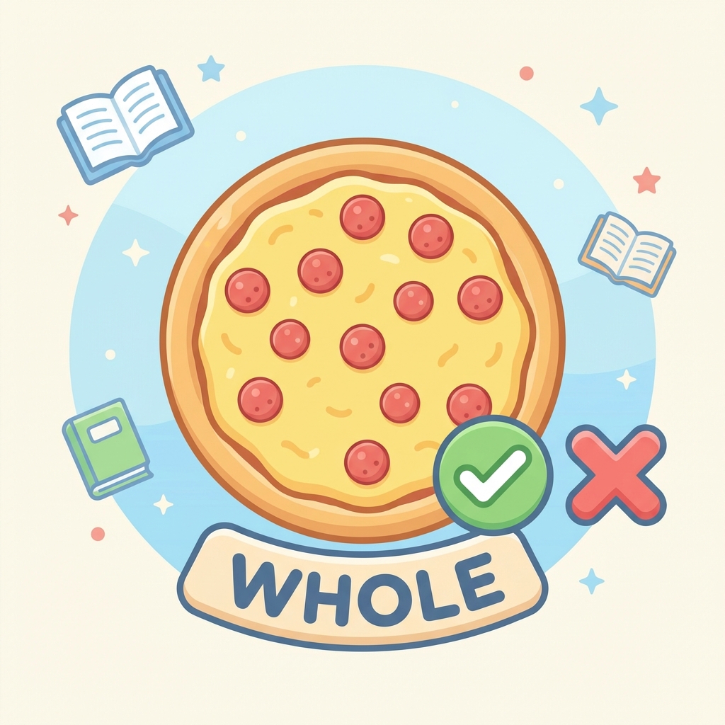 cute education poster style illustration, a whole pizza labeled 'WHOLE', green checkmark icon and red X icon next to it, bright soft colors, vector clip art