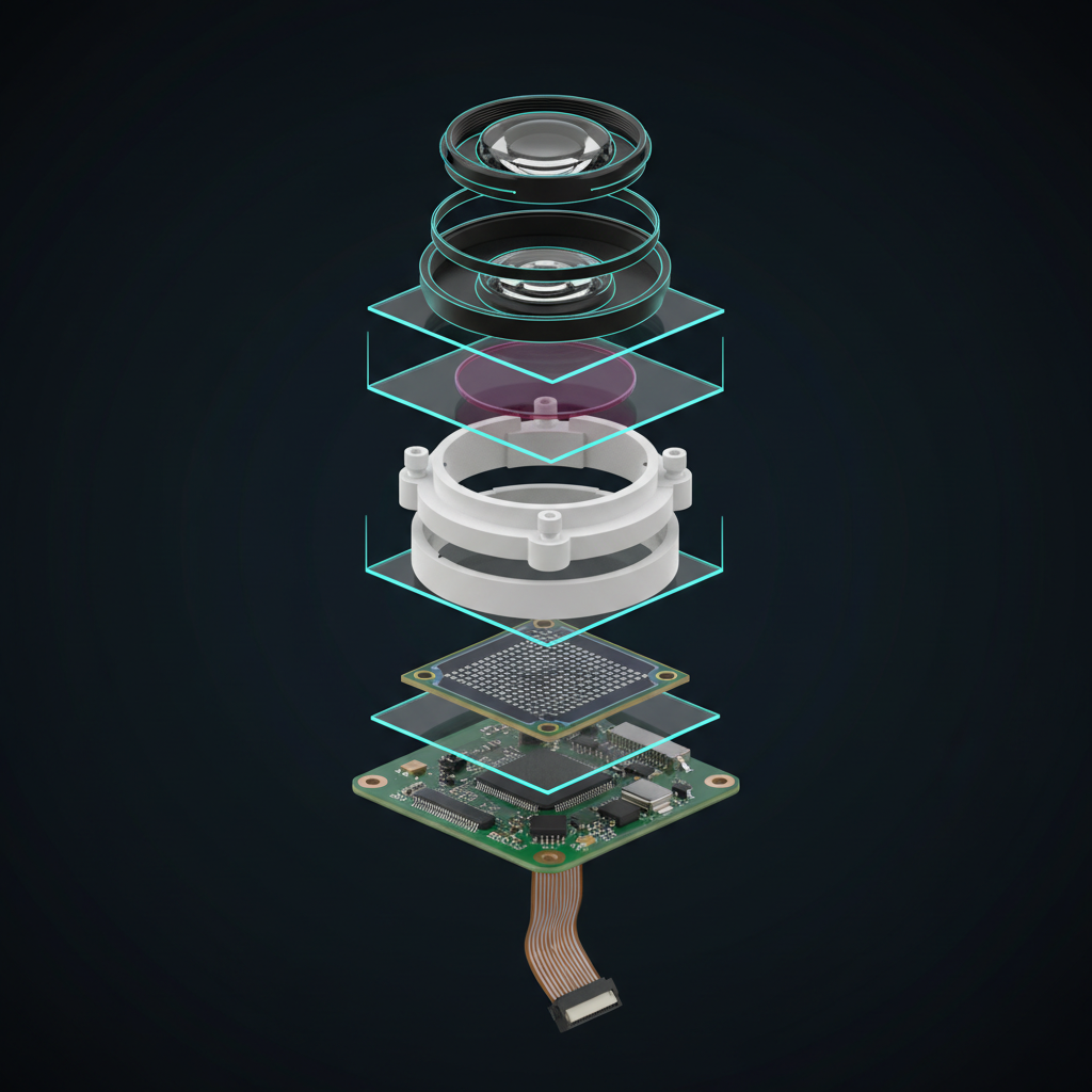 exploded view 3d render of a webcam camera module showing layers: lens, IR filter, holder, sensor, PCB. Technical visualization, dark background, cyan highlights