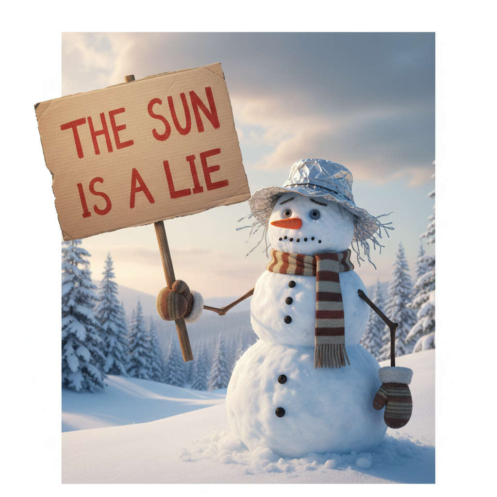 A snowman wearing a tinfoil hat and holding a cardboard sign that says 'THE SUN IS A LIE', funny conspiracy theorist vibe