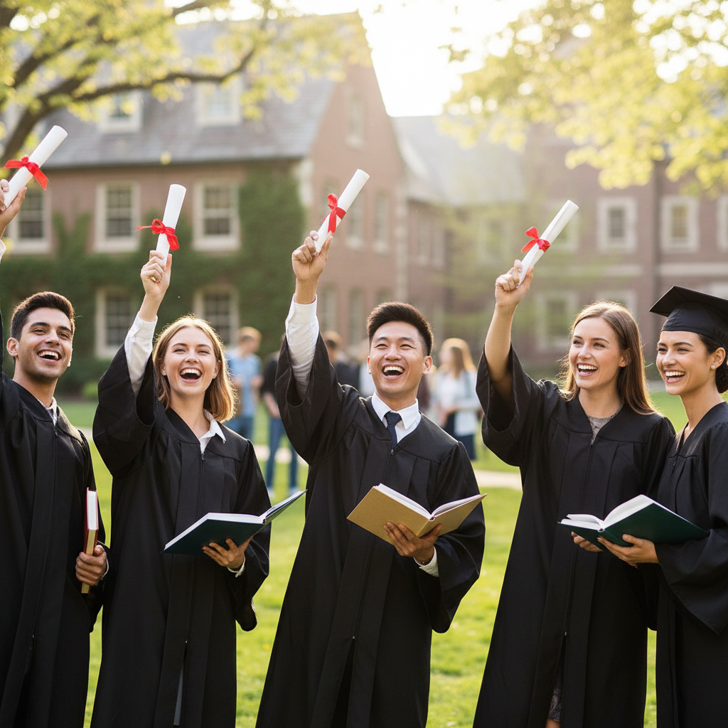 Group of happy multi-ethnic university students holding diplomas or books, smiling, outdoor campus, soft lighting