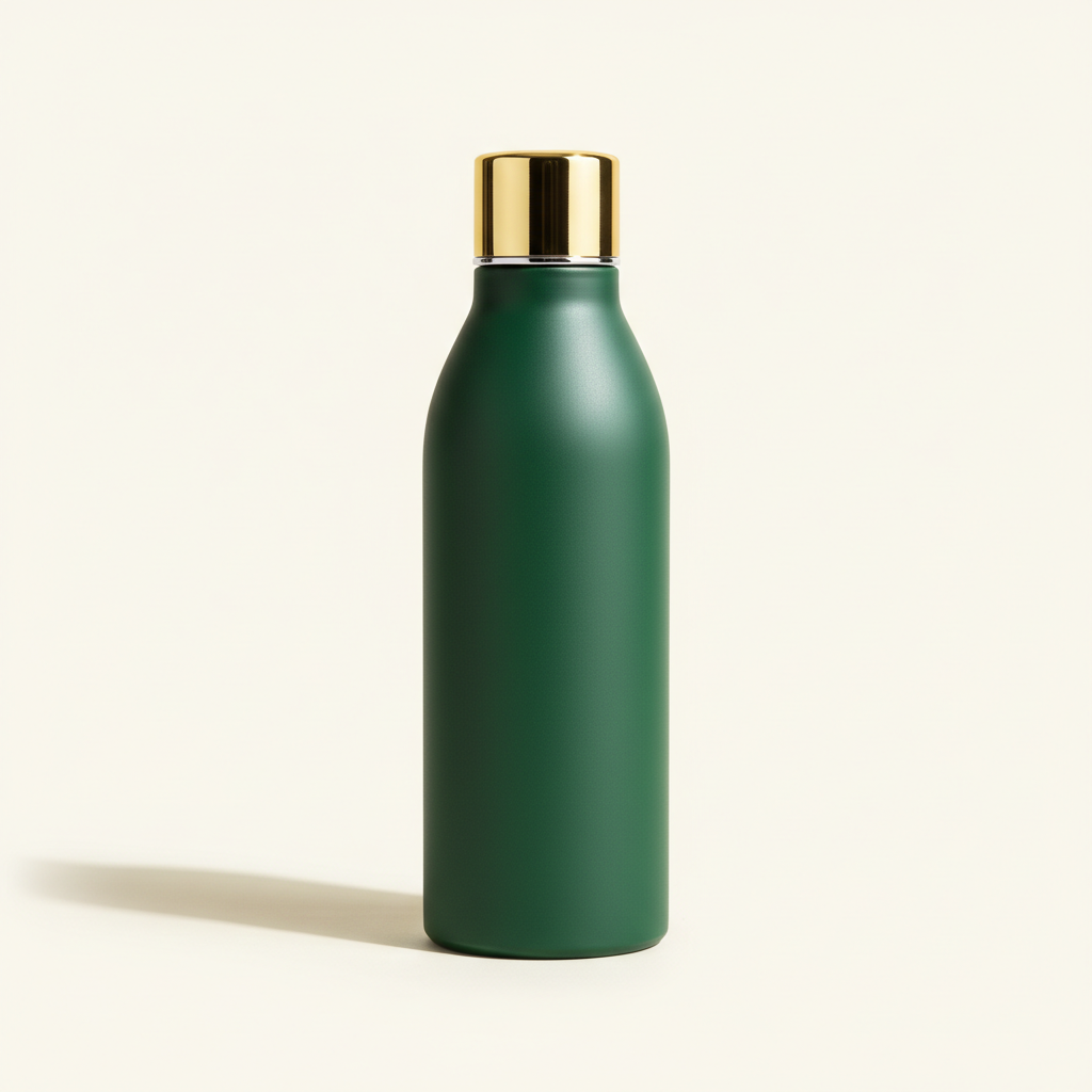 Studio photography of a luxury water bottle, matte deep green texture, shiny gold cap, soft lighting, elegant composition, isolated on light cream background, sharp focus, 8k resolution, product design advertising