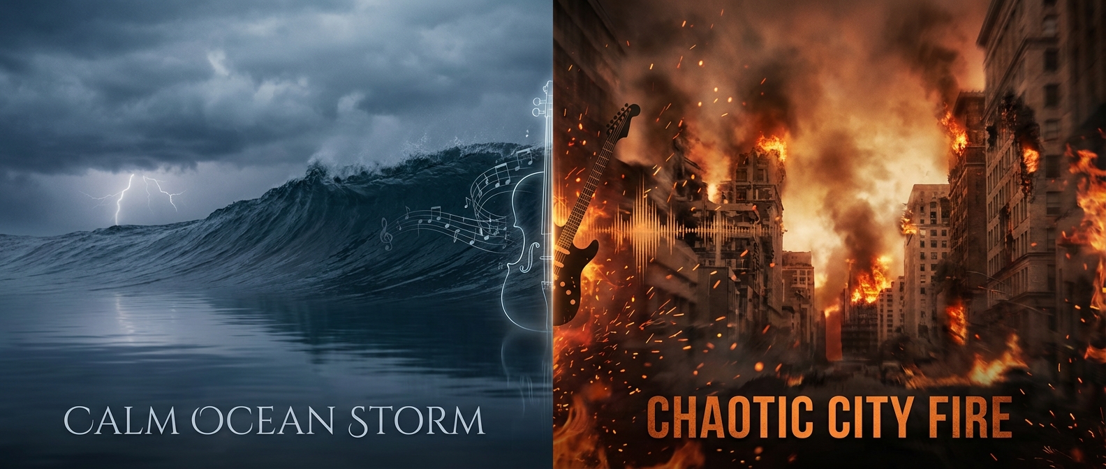 Split screen cinematic style, left side calm ocean storm, right side chaotic city fire, representing two musical styles
