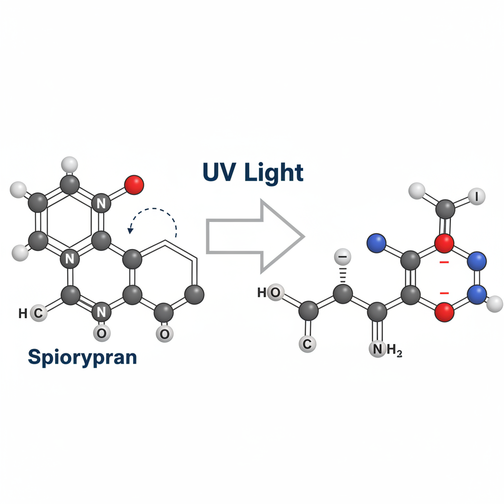 Chemical diagram showing Spiropyran molecule isomerizing into Merocyanine under UV light. Two molecular structures connected by an arrow labeled 'UV Light', depicting ring-opening mechanism. Scientific illustration, clean logic lines, white background