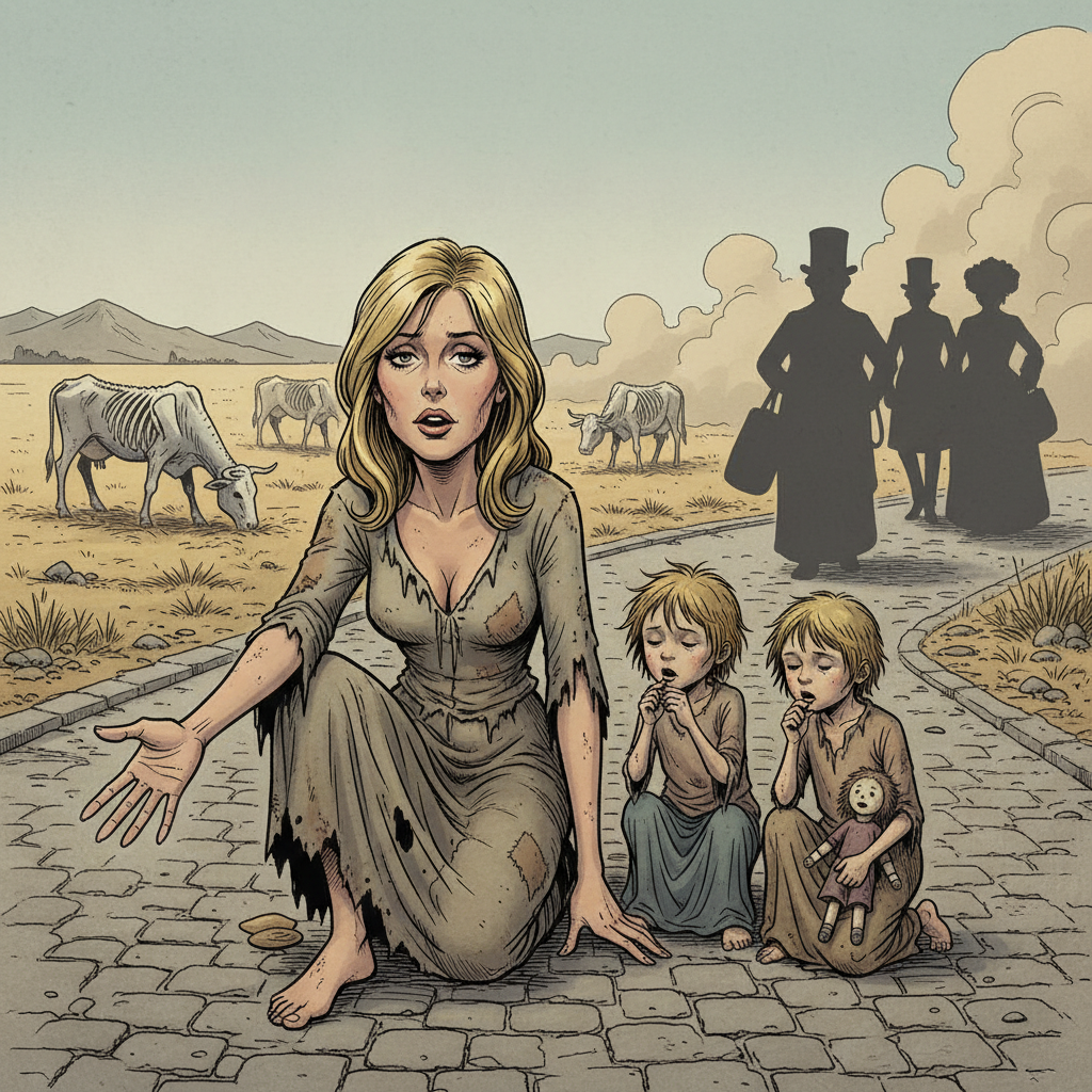 Satirical comic book style. Slight high angle view. A peasant woman (Brigitte caricature) crouching on a dirty cobblestone street in rags, begging hand extended. Sick children next to her. In the background, blurry silhouettes of rich people passing by. Skeletal cows and dusty fields visible in distance. Muted, dusty color palette.