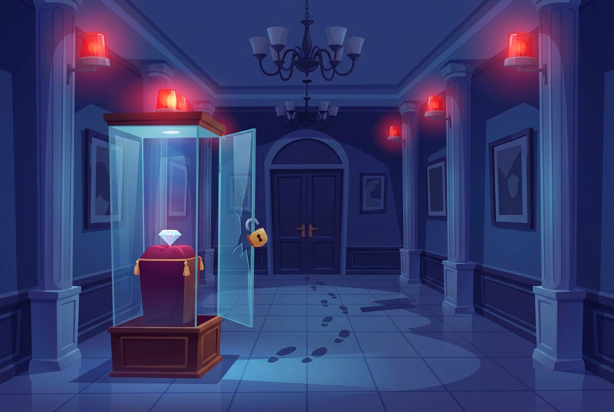 A cartoon museum interior at night with an empty glass display case where a diamond used to be, red alarm lights, mystery atmosphere