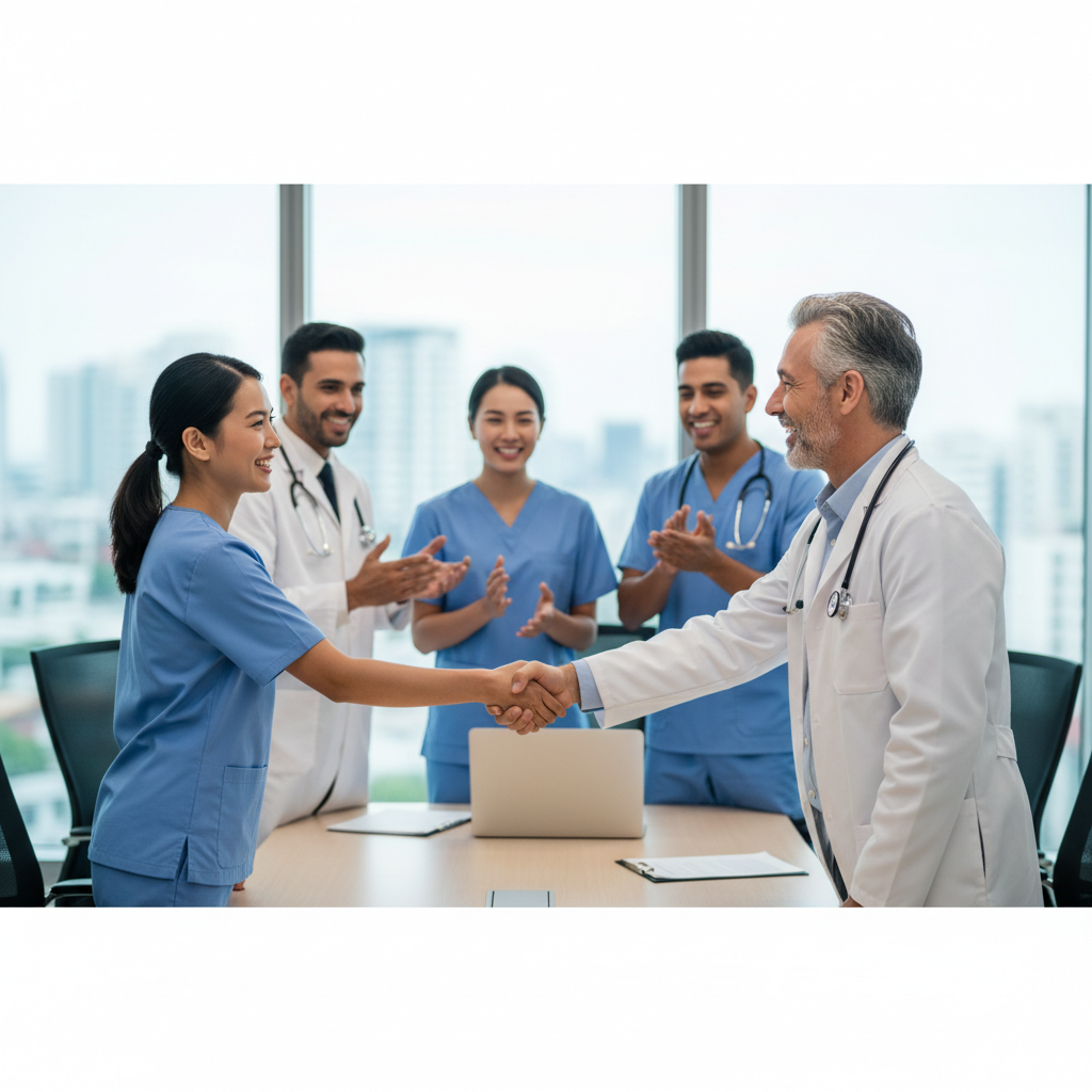 successful medical team meeting or handshake, professional, high quality, blurred background