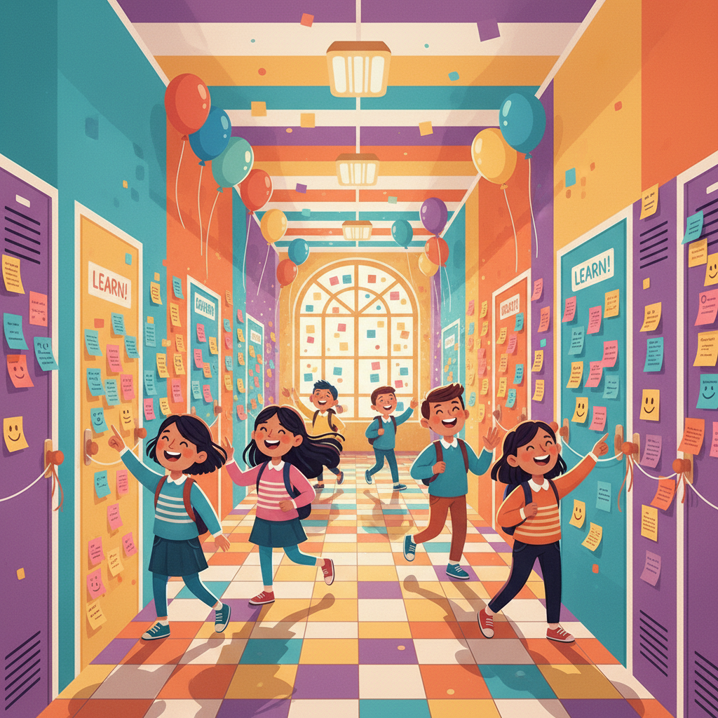 Colorful school hallway decorated with balloons and post-it notes, happy atmosphere, vector illustration