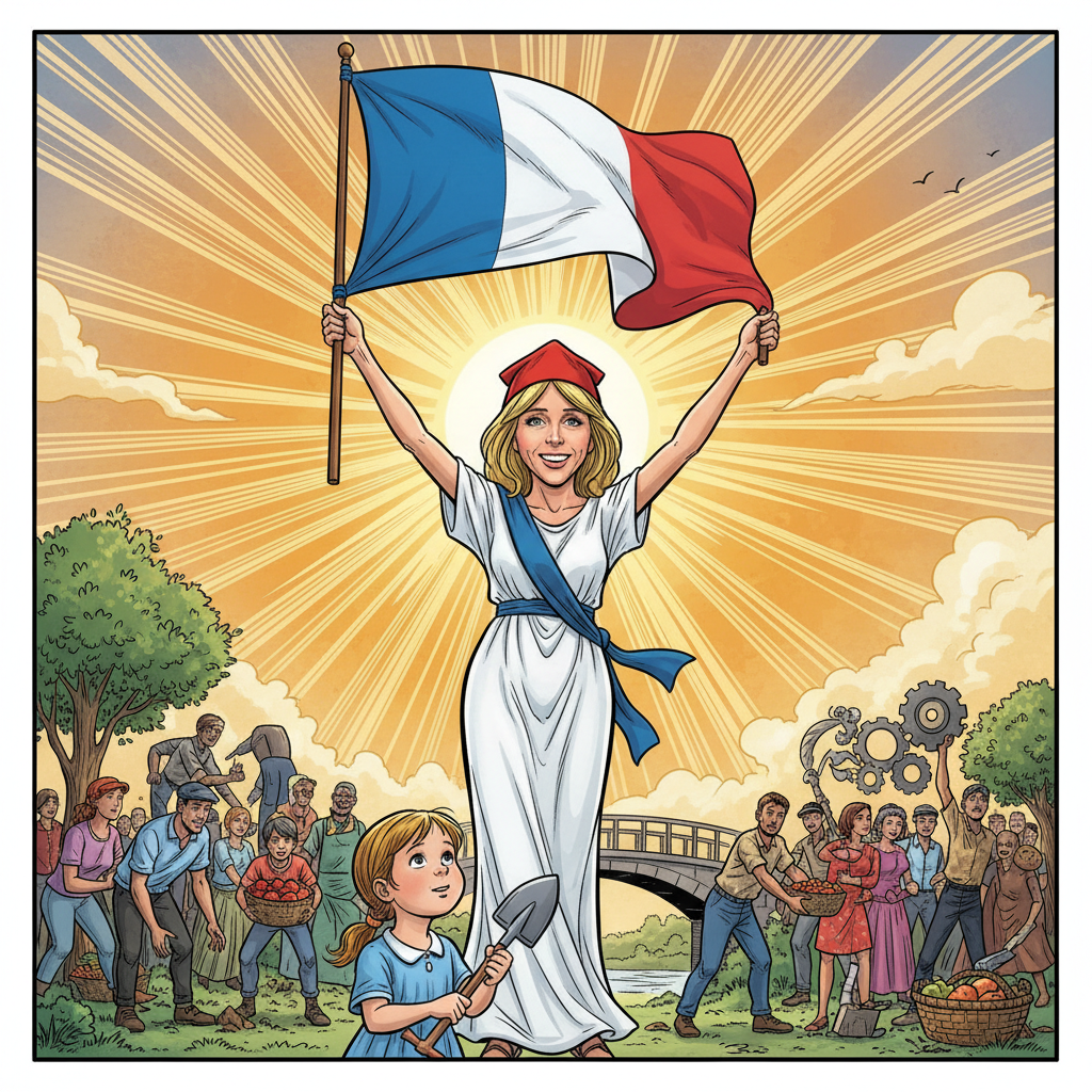 Satirical comic book style. Low angle, heroic view. The blonde woman (Brigitte caricature) now dressed as Marianne with a Phrygian cap and sash, holding the tricolor flag high. Sun rising behind her. A little girl looking up at her. Citizens working together in background. Hopeful, bright atmosphere.