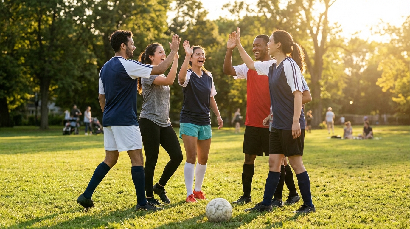 Group of friends high-fiving after a sports match in a park, soccer ball, laughter, sunny day