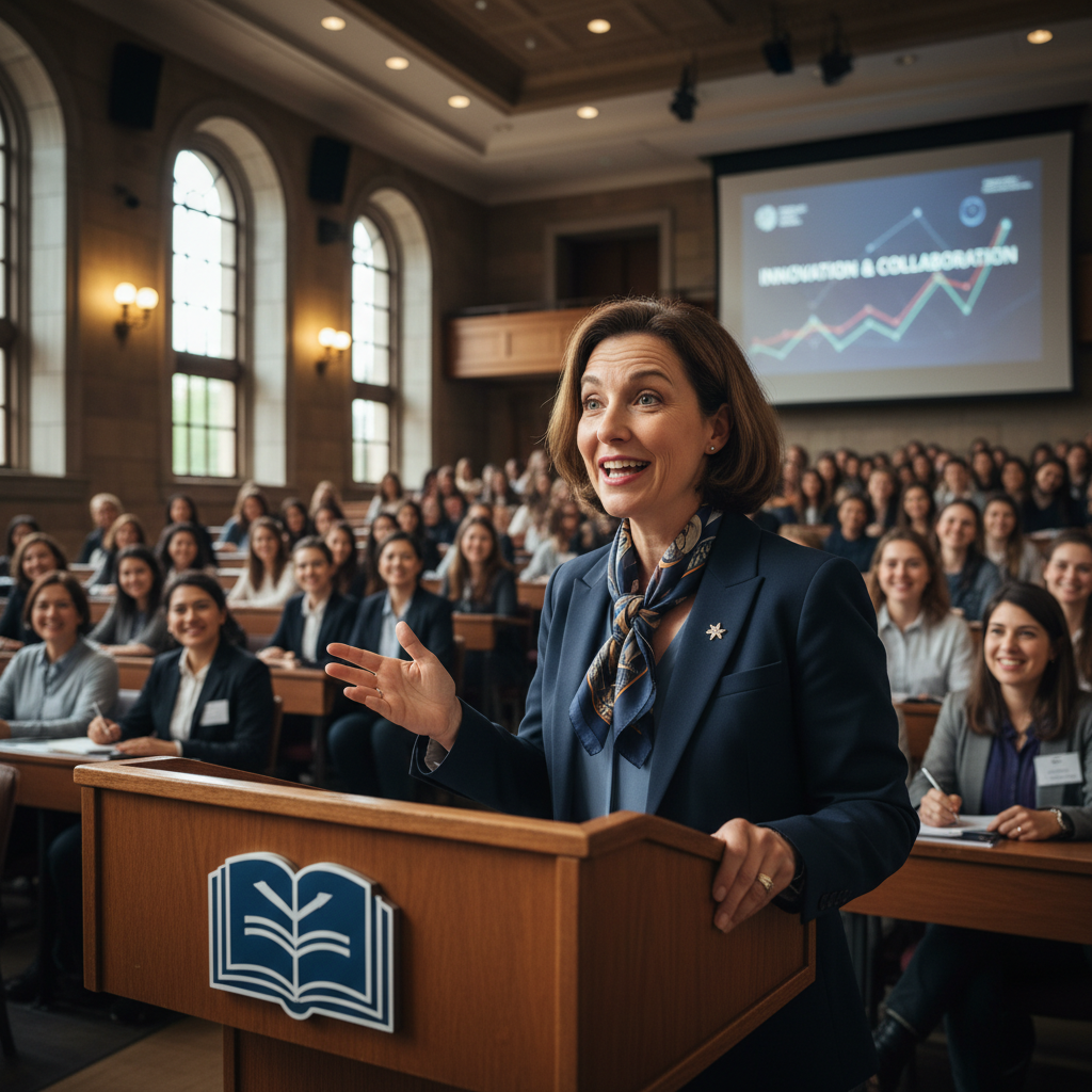 Charismatic speaker at a university lectern speaking passionately, photorealistic, academic setting