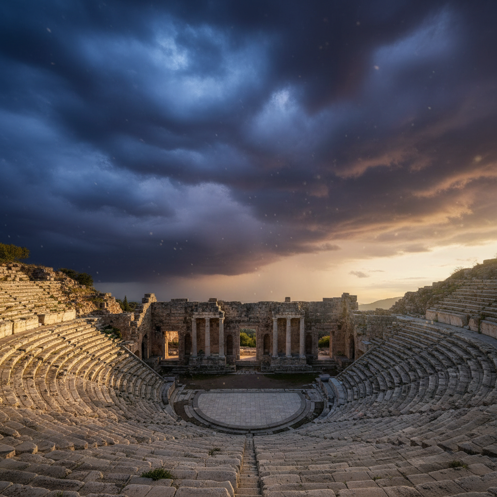 Classical Greek stone amphitheatre ruins under a dramatic sky, cinematic lighting, ultra detailed, historical atmosphere