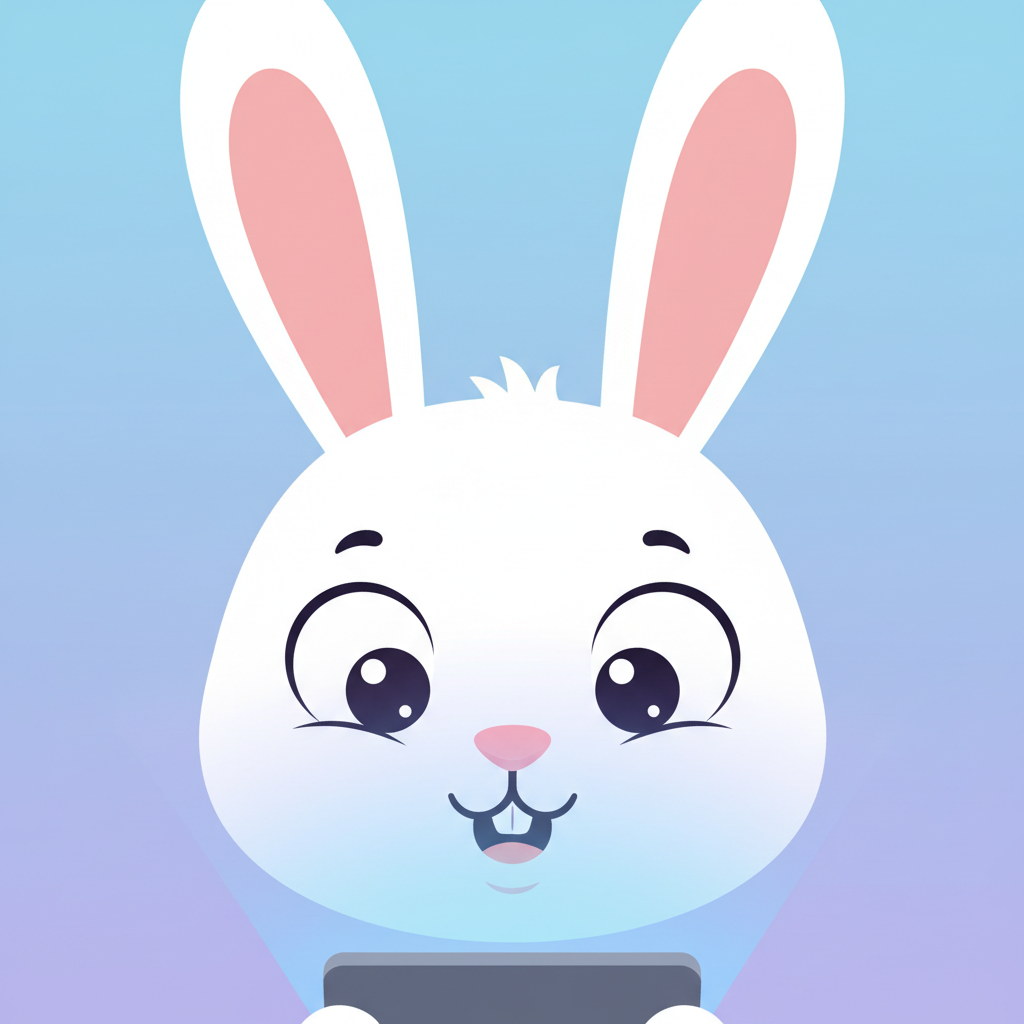 Cute cartoon bunny staring intensely at a glowing smartphone screen, close up on face, eyes wide open, mesmerizing light, simple flat illustration