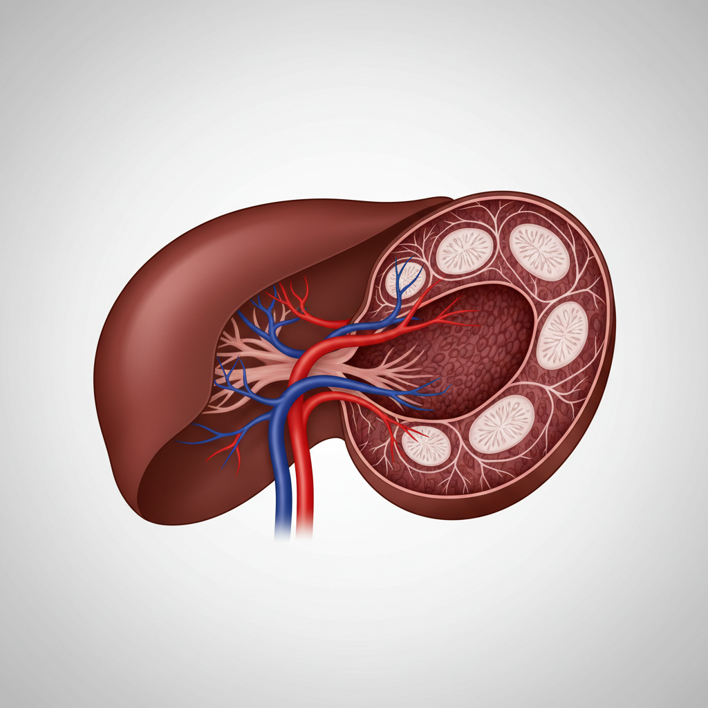 Medical illustration of the spleen showing the splenic artery and vein, and cross-section revealing red and white pulp