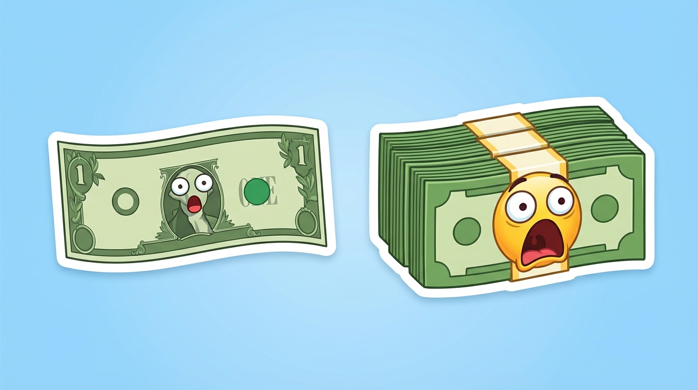 comparison illustration, left side a single dollar bill with a face, right side a huge stack of green money with a face, shocked emoji expressions, sticker style outline