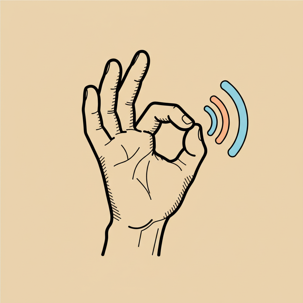 Illustration of a hand stylized in a line-art way making an 'OK' gesture with sound waves radiating from it, professional vector style, beige background