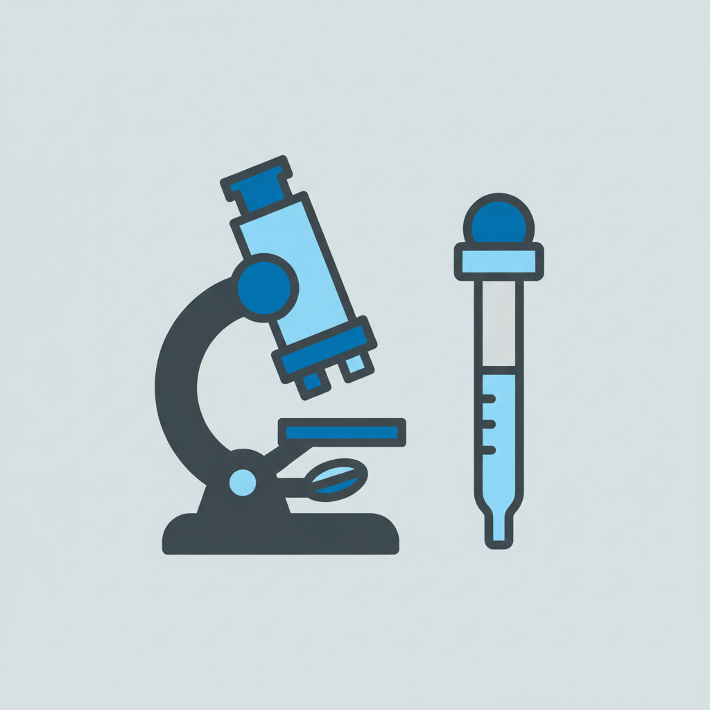 clean minimal icon illustration of laboratory equipment, microscope or pipette, flat design blue and grey