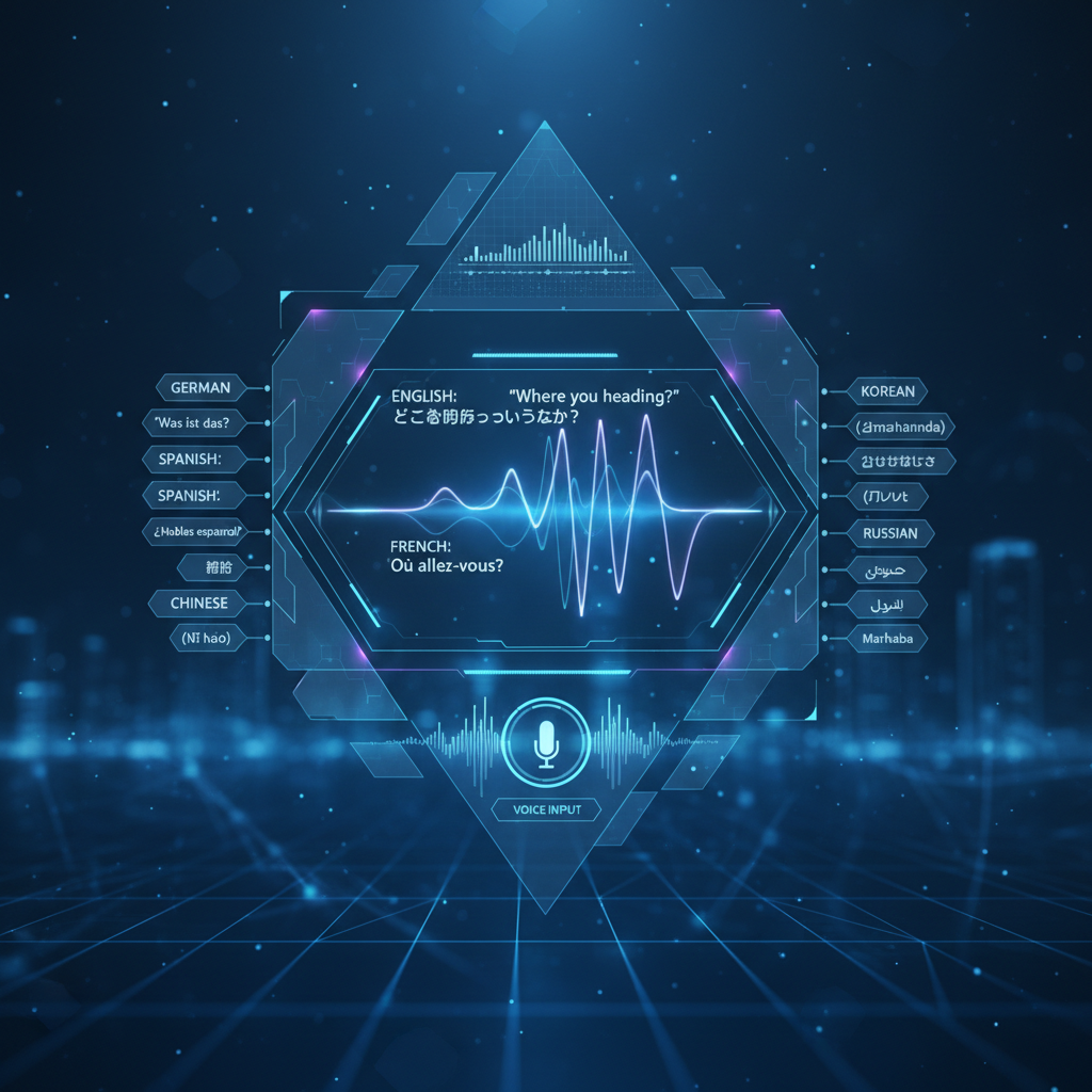 Futuristic heads-up display showing multiple languages being translated in real time, digital interface, cyber blue tones