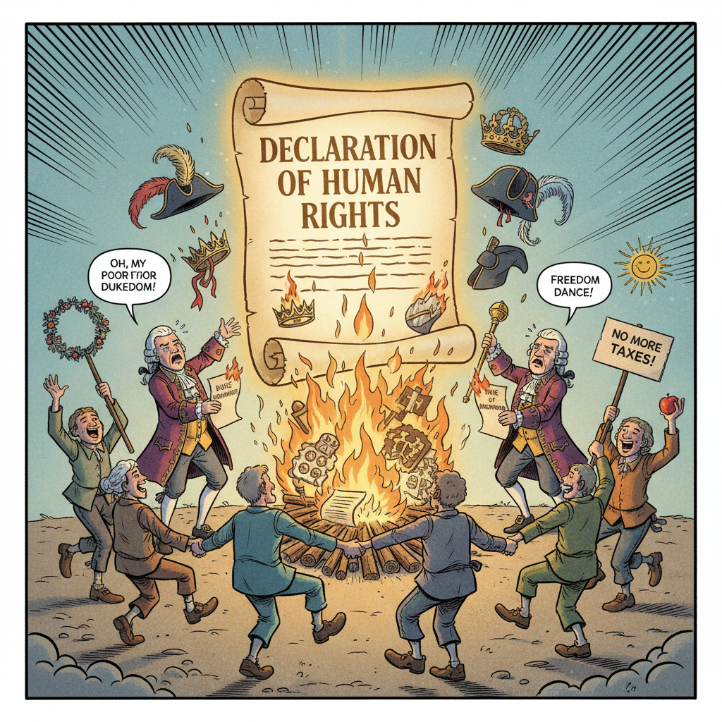 Satirical comic book style. A giant parchment (Declaration of Human Rights) glowing in the center. Around it, nobles are reluctantly burning their titles and privileges in a bonfire while peasants dance happily around the fire. Light irony.