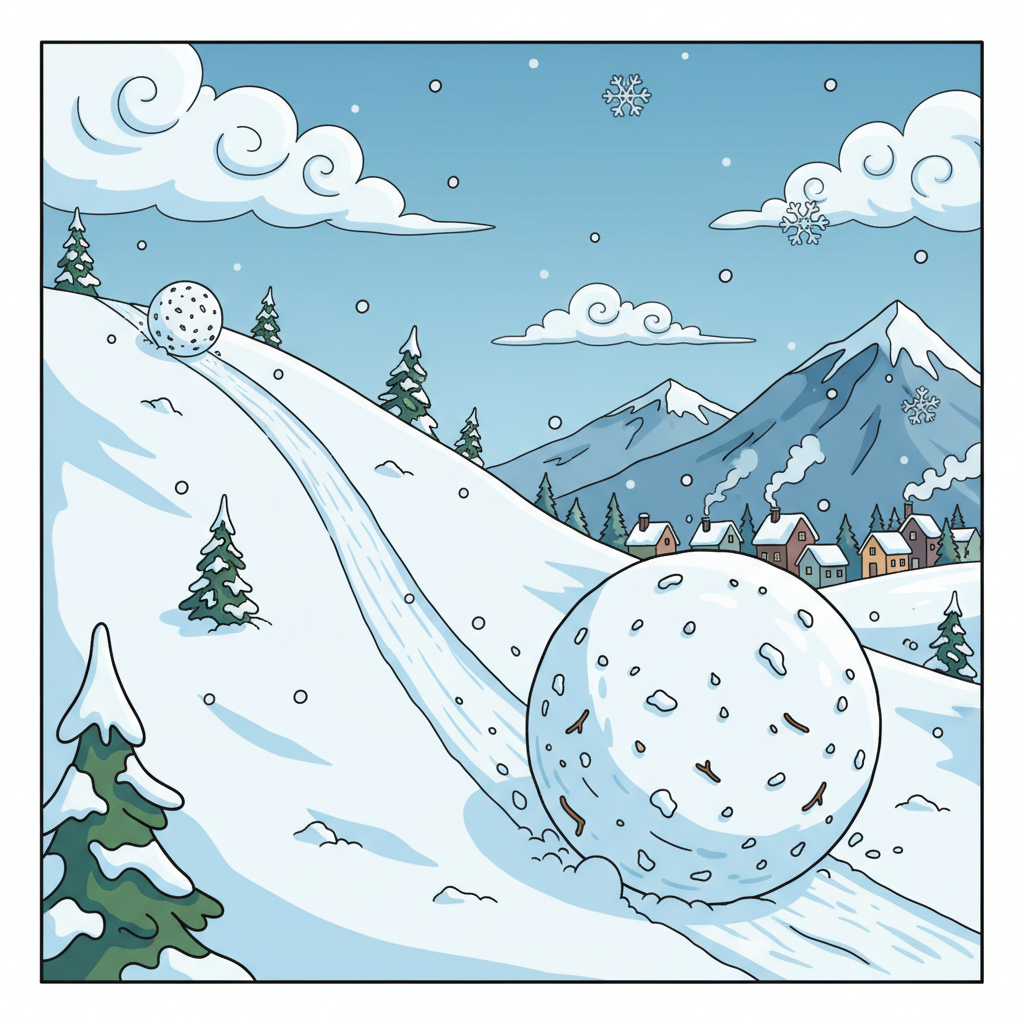 cartoon illustration of a snowball rolling down a hill getting bigger, winter scene
