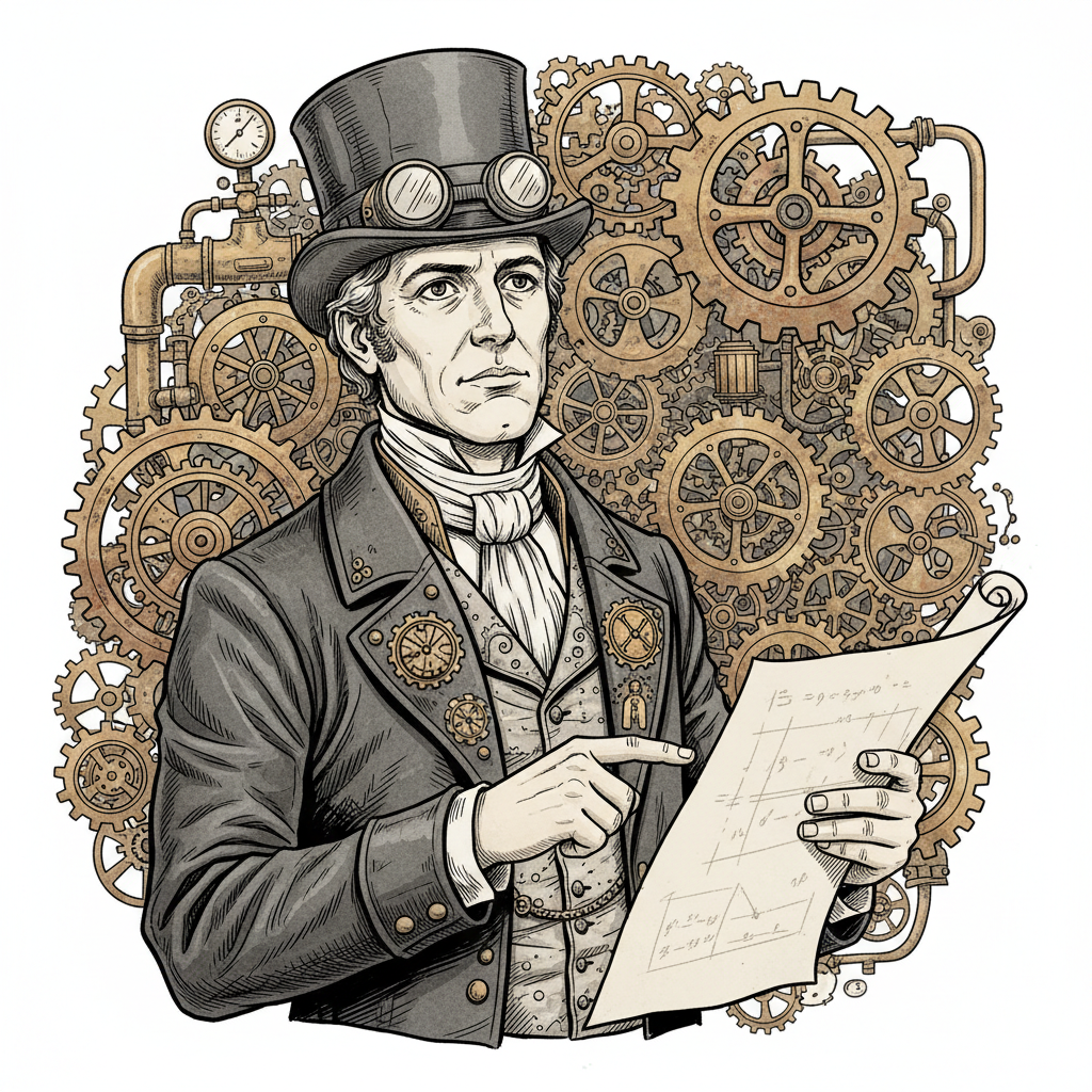 Portrait of Scottish inventor Robert Anderson 1830s, looking thoughtful, holding a blueprint, steampunk gear background, comic style line art