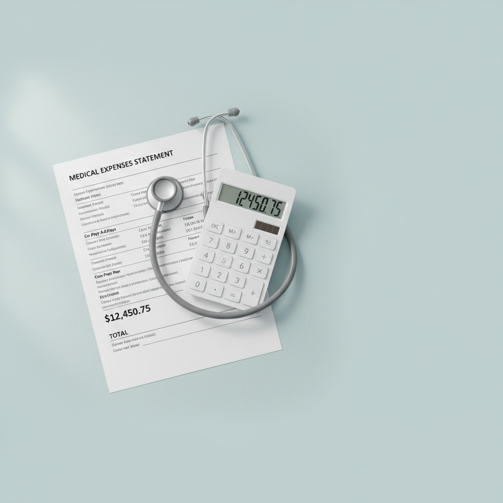 healthcare bill document with stethoscope and calculator minimalist clean