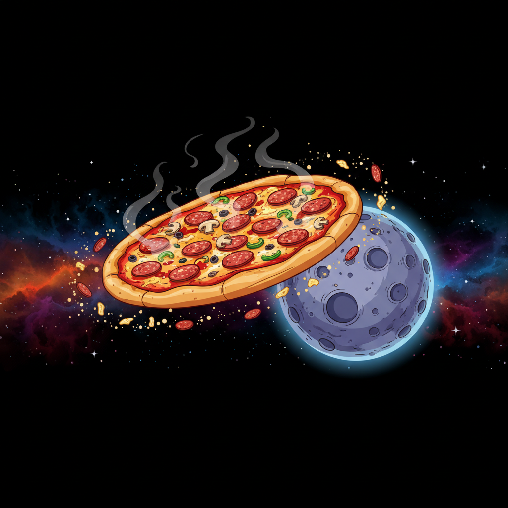 Surreal cartoon of a pepperoni pizza floating in space past the moon