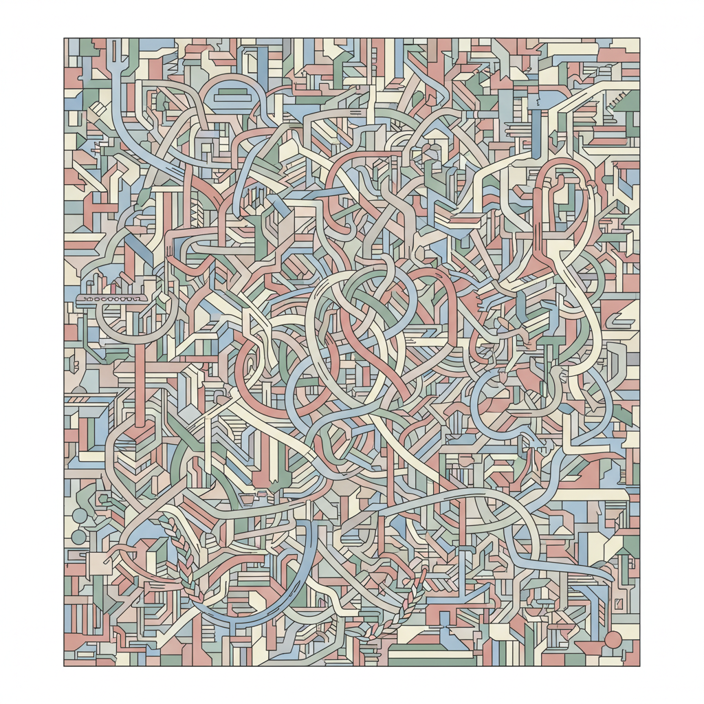 Abstract representation of a confusing urban maze or tangled ropes, representing bureaucracy and confusion, soft muted colors, not scary but complex