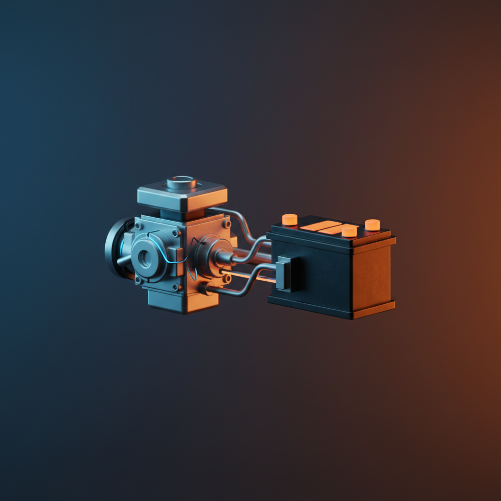 Minimalist icon 3D render of a hybrid car powertrain showing both engine and battery pack, orange and blue glow