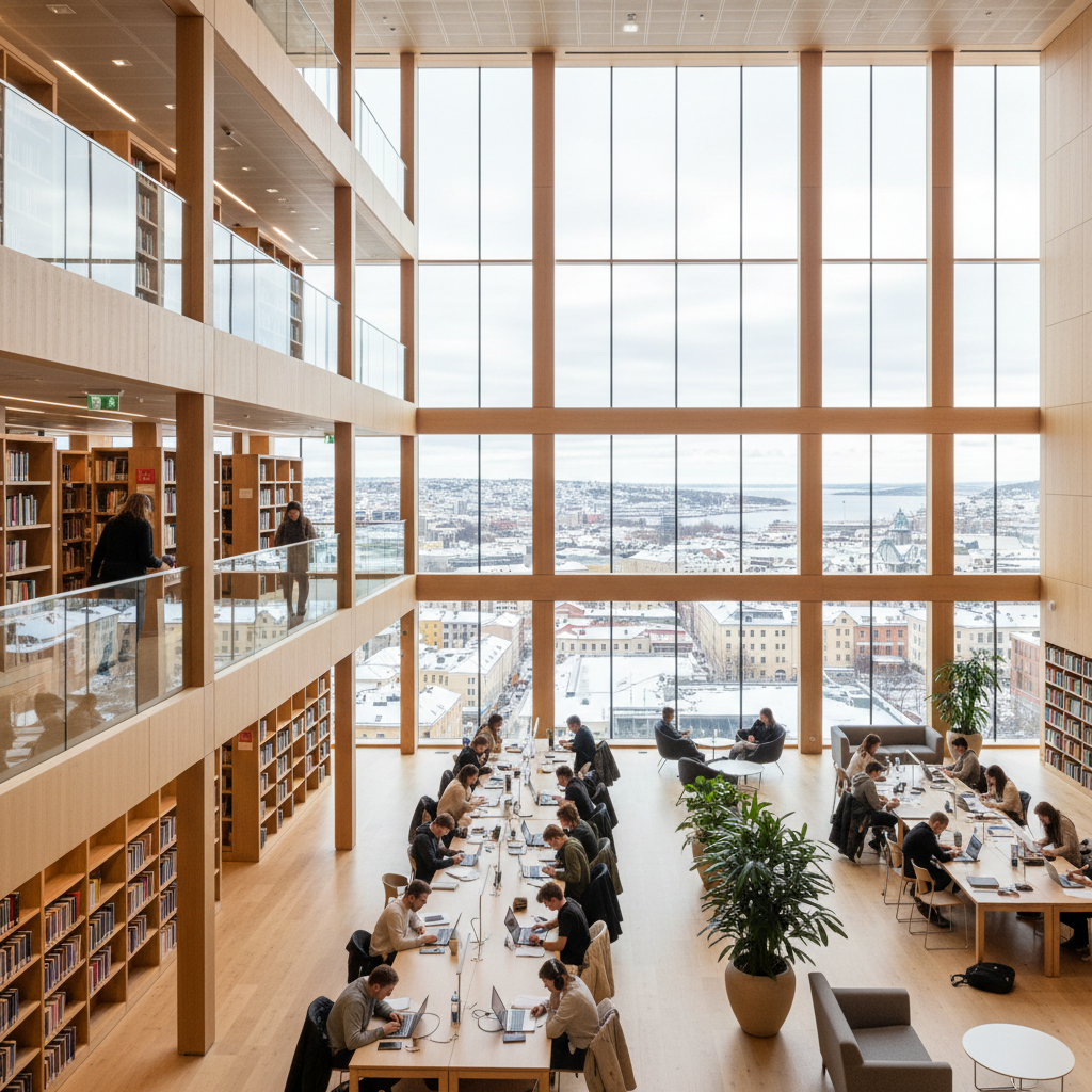 modern university library in oslo, students studying on laptops, large windows with natural light, wood interior, calm atmosphere