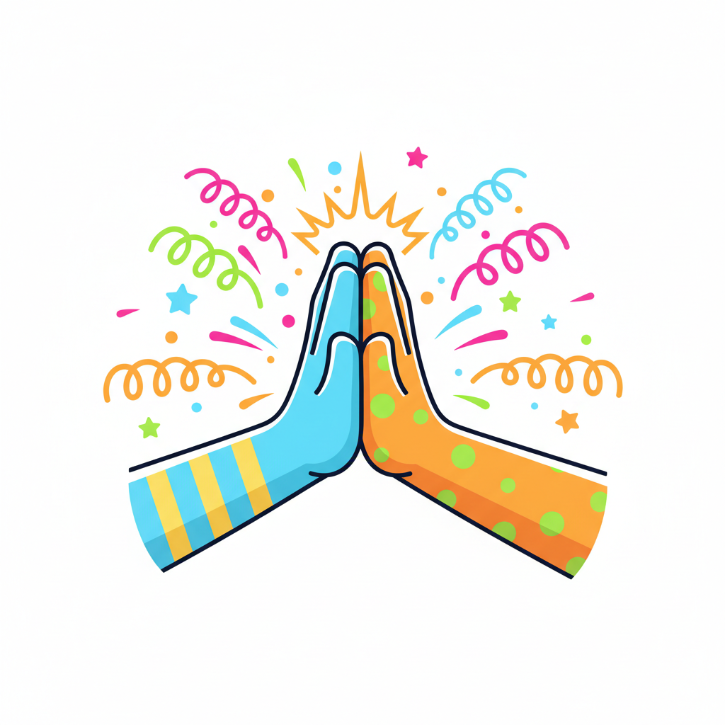 Cartoon hands doing a high five, bright colors, happy sparks, white background
