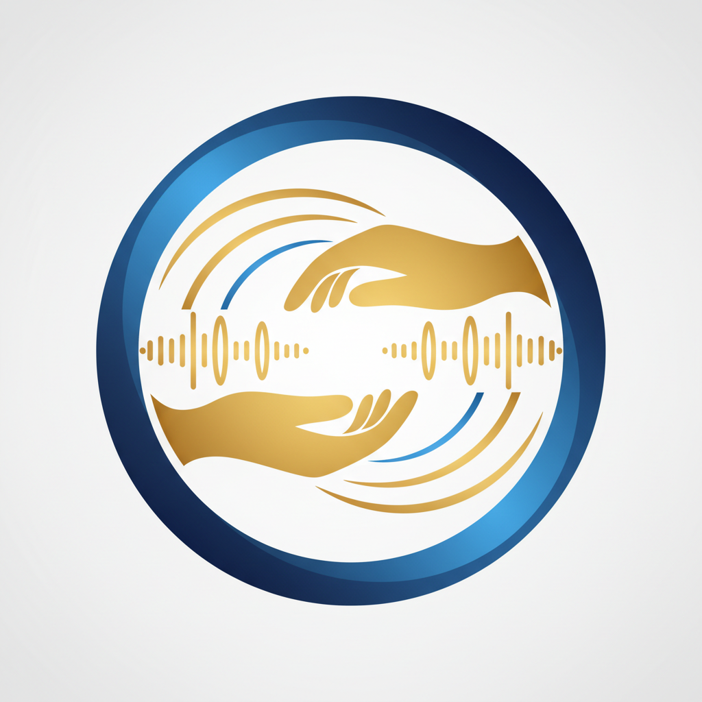 Abstract logo circular shape with hands and sound waves gold and blue minimalist