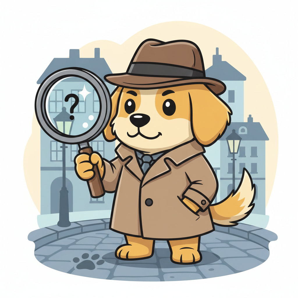 cartoon detective dog wearing a hat and holding a magnifying glass, cute style illustration