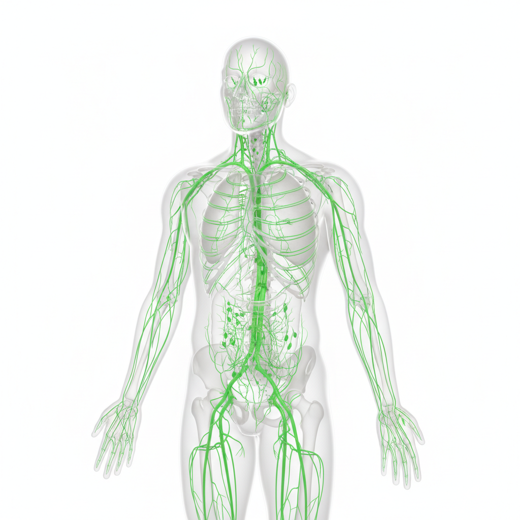 3D medical render of the complete human lymphatic system, showing a network of translucent green vessels and lymph nodes overlaid on a human figure, clean white background, high detail, studio lighting