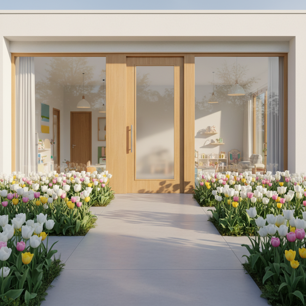 bright, modern nursery entrance with tulip flowers in the garden, minimalist design, soft morning sunlight, cinematic 4k, welcoming atmosphere