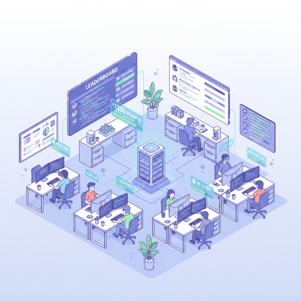 Isometric illustration of a modern software development office with gamification elements like floating score numbers and progress bars, clean vector art style
