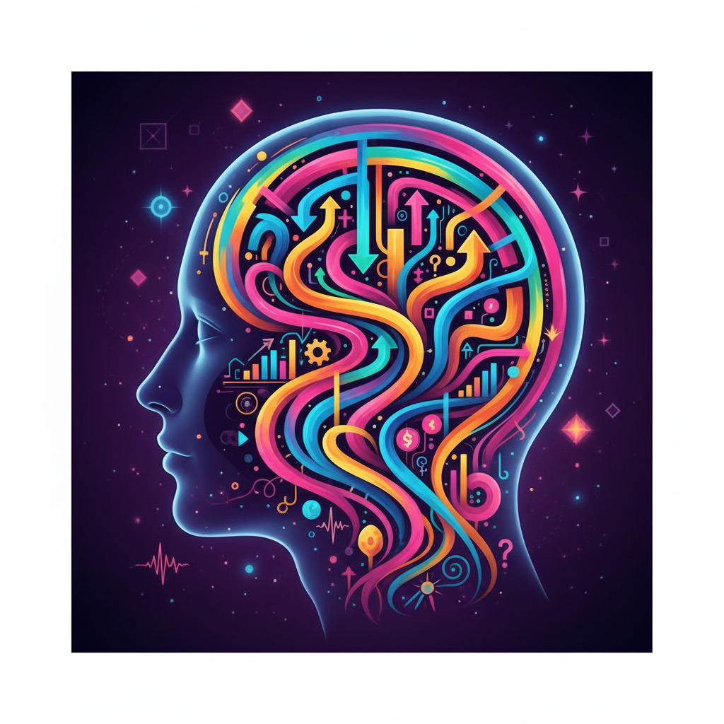 Conceptual illustration of a human head silhouette with a maze inside it, representing complex trading psychology, colorful artistic style