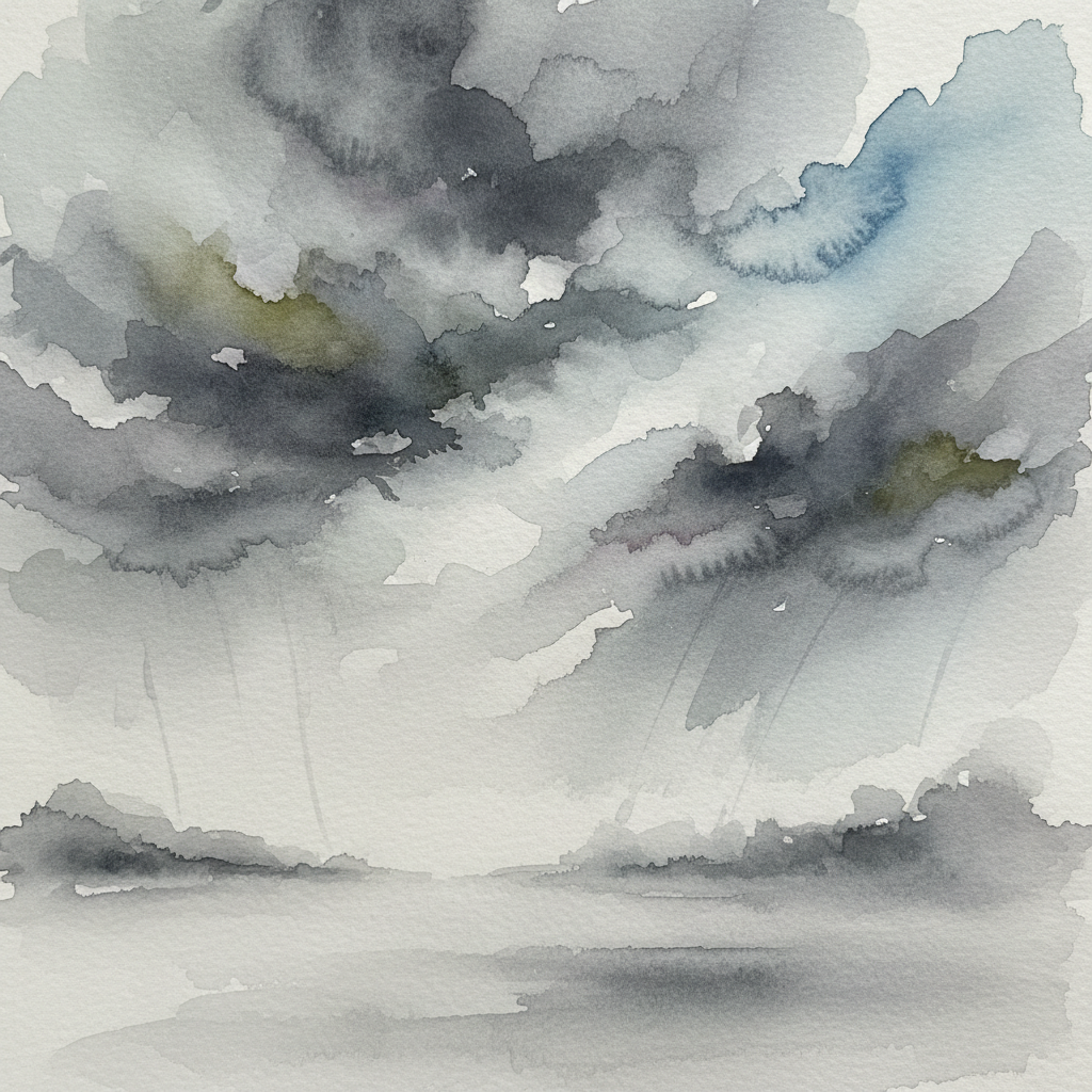 abstract watercolor of a stormy grey sky, minimalist, emotional, feeling of uncertainty, soft edges