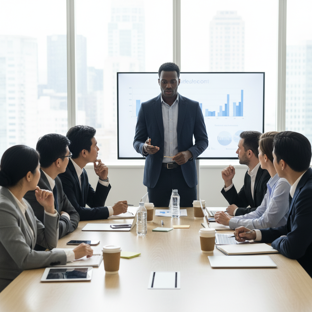 Diverse team of workers collaborating around a table, listening to a colleague speaker, professional and respectful atmosphere, realistic photo