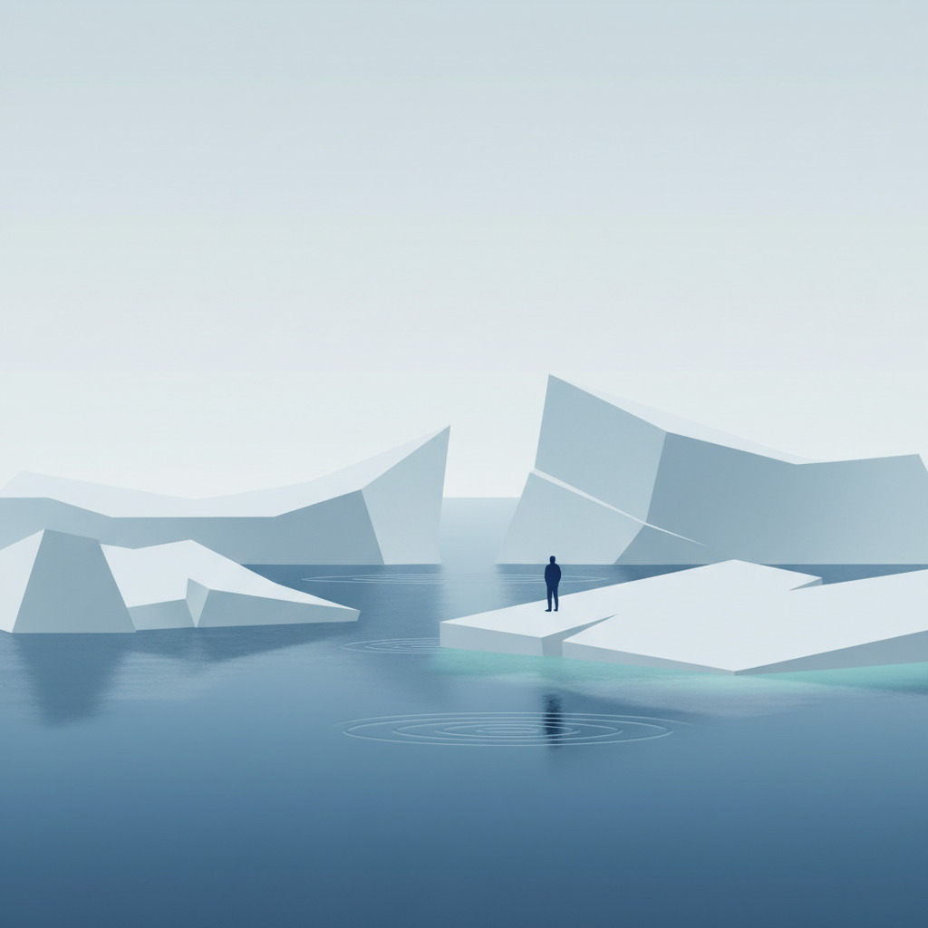 glacier melting into ocean, minimalist photography style, climate change concept, sad but aesthetic