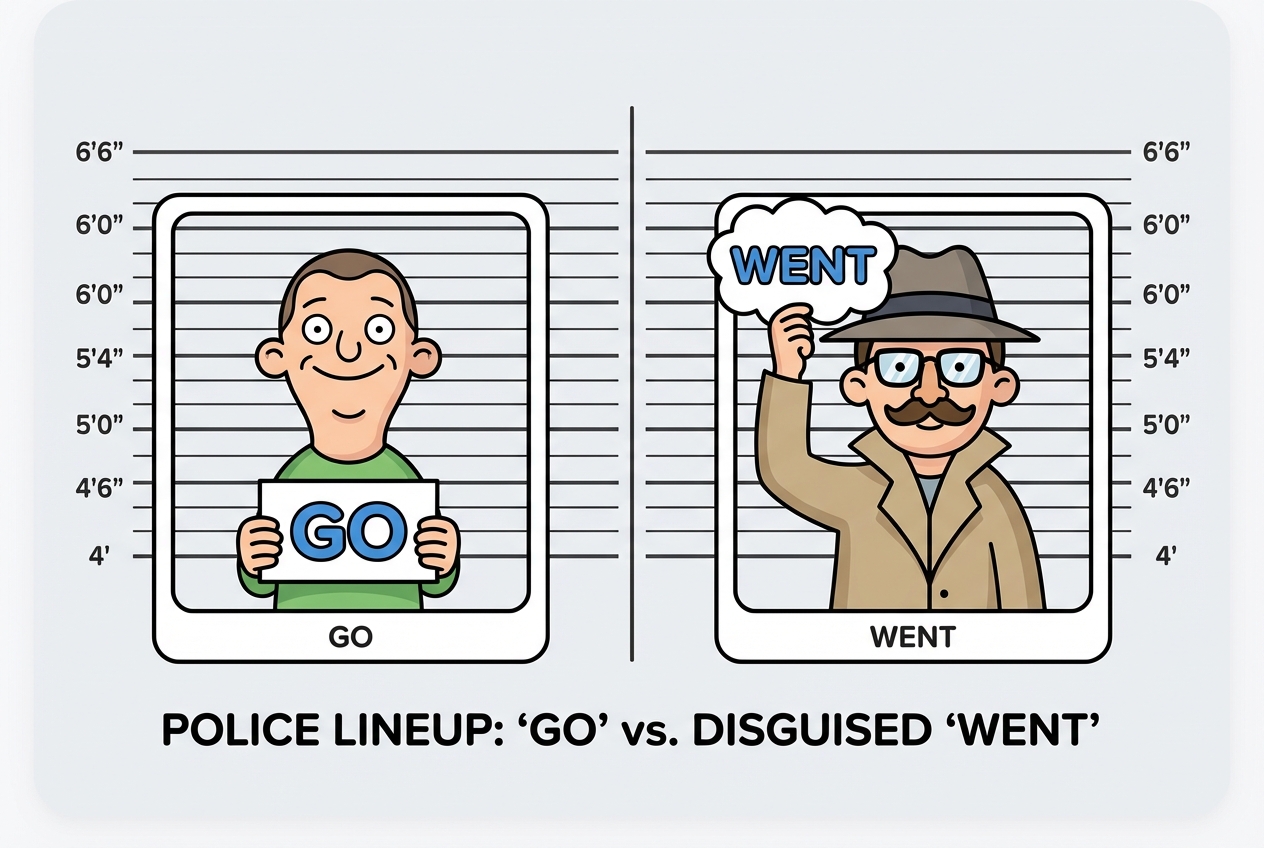 Cartoon police lineup mugshots of funny characters, labeling one 'GO' and the other disguised as 'WENT'