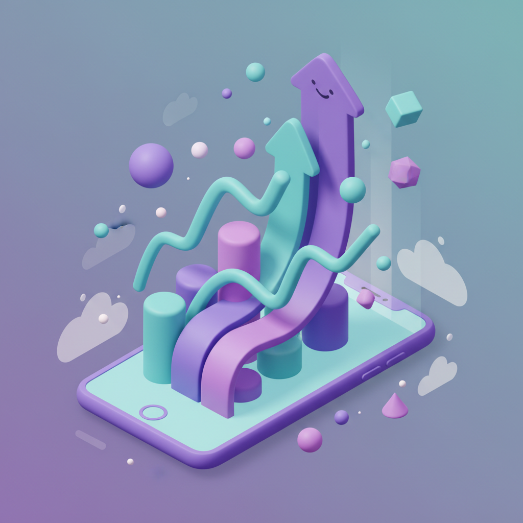 3D isometric illustration of a colorful stock market chart rising out of a smartphone screen, playful style, purple and teal color palette, soft lighting, 4k render