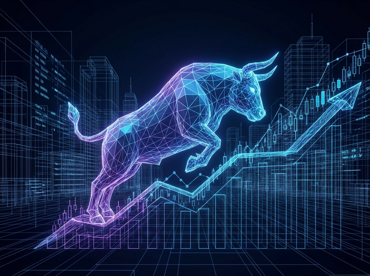 digital rendering of a bull market charging upward, stylized wireframe