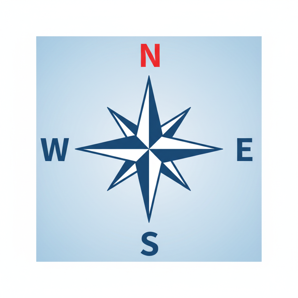 simple vector icon of compass rose showing N, S, E, W, clean lines, educational style