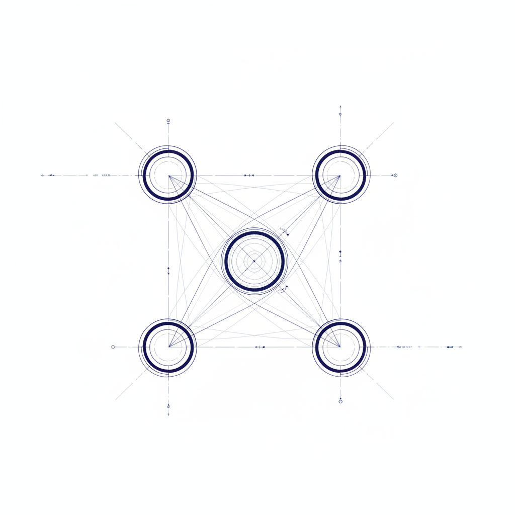 Abstract network illustration connecting 4 circular nodes with thin lines, architectural blueprint style, navy blue lines on white background