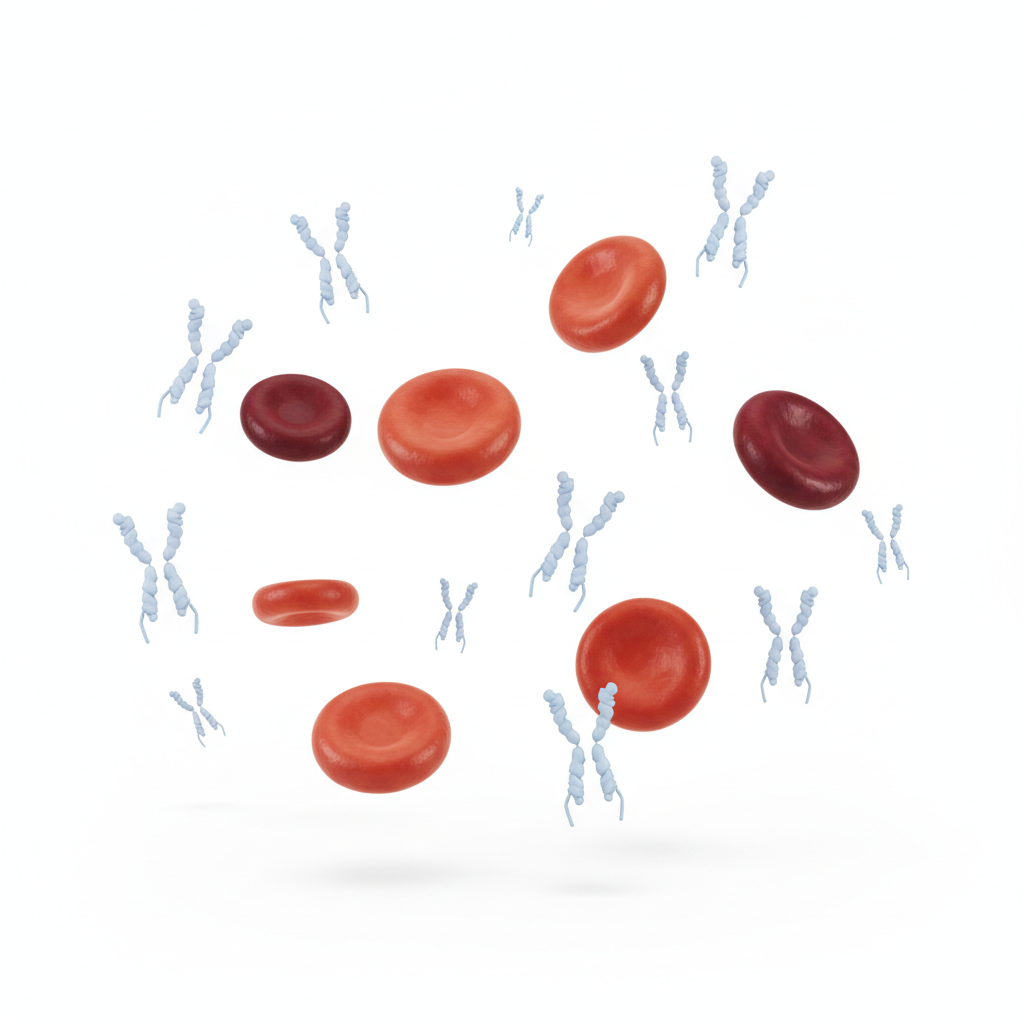 clean medical illustration 3d render of red blood cells with y-shaped IgG antibodies floating nearby, high key lighting, white background, scientific accuracy