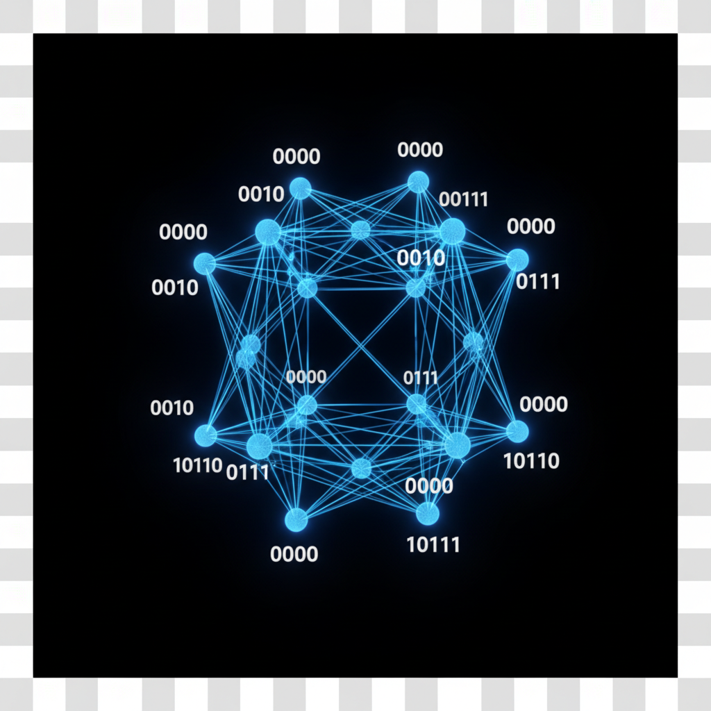 3D wireframe hypercube graph with binary vertex labels 000, 001, 100 etc.