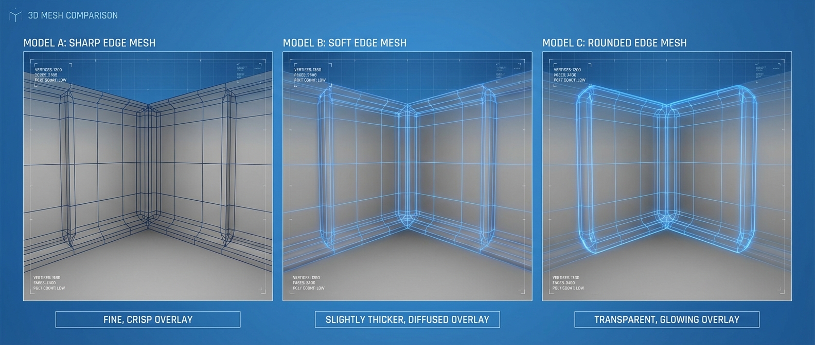 Technical comparison showing three similar 3D mesh models of a room corner with slight differences in edge sharpness, wireframe overlay style, blue color scheme
