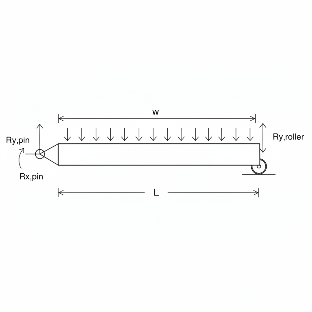 engineering diagram free body diagram of a simply supported beam with distributed load arrows pointing down, technical sketch black lines on white paper