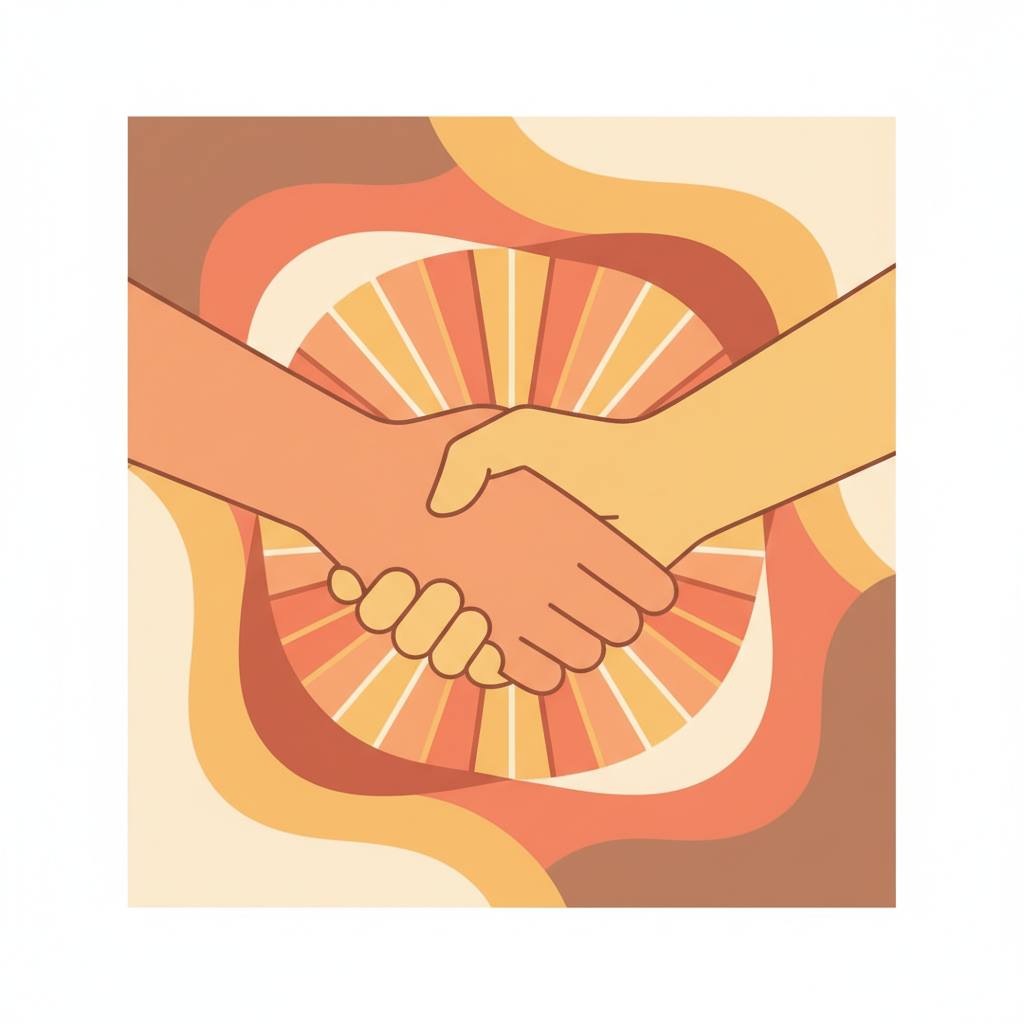 illustration of two hands shaking or a person helping another, warm friendly colors, flat vector
